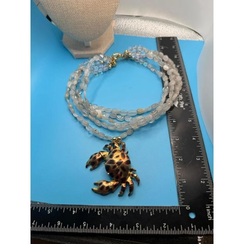 Leopard Print Crab‎ Pendant Multi-Strand Beaded Statement Necklace Gold Tone AB